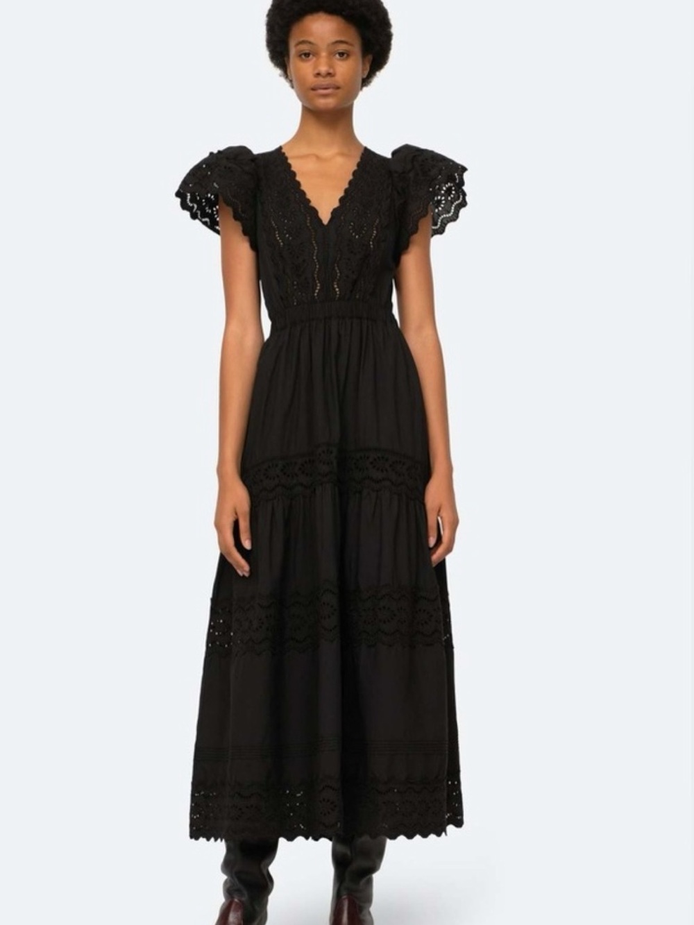 Sea New York Black Eyelet Lace Maxi Dress with Flutter Sleeves